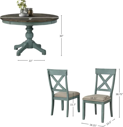 Vista 3 de Roundhill Furniture Prato - Juego de mesa de comedor redonda de 5 piezas con sillas de respaldo cruzado, color azul antiguo y nogal envejecido