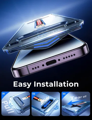 Vista 3 de MAGIC JOHN Paquete de 2 protectores de pantalla de vidrio templado para iPhone 14 Pro Max de 6.7 pulgadas, instalación con eliminación automática