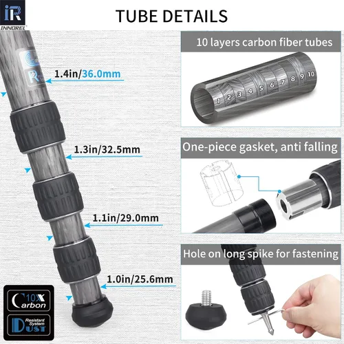 Vista 4 de INNOREL KT364C - Trípode compacto de fibra de carbono de 10 capas, 1.417 in, tubo grande, trípode de viaje profesional para videocámara digital