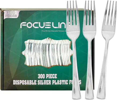 Vista 13 de FOCUSLINE Paquete de 300 tenedores desechables de plástico dorado, tenedores de plástico sólido y duradero, cubiertos desechables resistentes