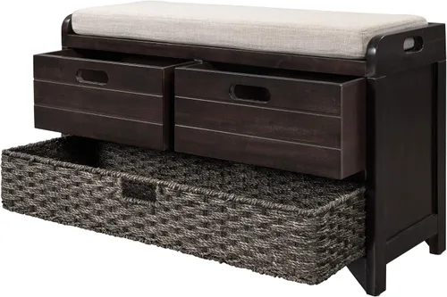 Vista 3 de SOFTSEA Banco de Almacenamiento Tapizado, Otomana de Almacenamiento con Cesta Removible y 2 Cajones, Banco de Zapatos de Estilo Granja con Cojín