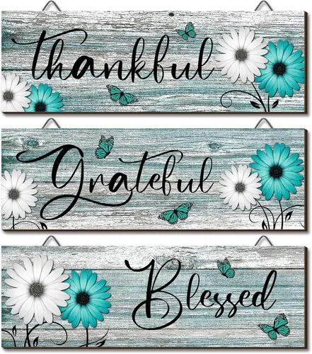 Vista 7 de Geetery 3 piezas de letreros de madera con texto «Thankful Grateful Blessed» con margaritas rústicas, decoración de pared de madera, letreros