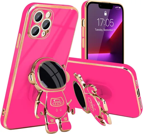 Vista 14 de Pepmune - Funda para iPhone 13 con soporte de astronauta 3D, color negro Luxury Electroplated Soft Silicone Cover with Holder, Lovely 3D Cartoon