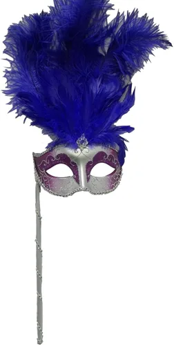 Vista 2 de Máscara de plumas de Mardi Gras con palillo de plata púrpura