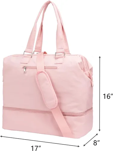Vista 4 de MINKARS Bolsa de fin de semana con compartimento para zapatos, funda para portátil, puerto de carga USB, Rosado, Bolsa de fin de semana
