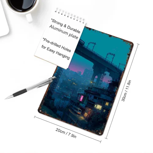 Vista 2 de Cartel de metal vintage Cyberpunk Cityscape divertido Vaporwave Night Street Poster Retro Pixel Aluminio 8x12 pulgadas para baño, sala de estar