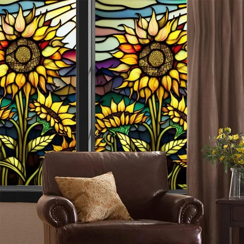 Vista 2 de Película de privacidad para ventana, película de vidrieras de girasol, película de privacidad extraíble para ventana, adhesivo estático decorativo
