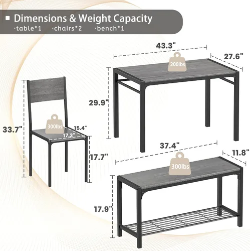 Vista 2 de JUMMICO Juego de mesa de comedor de 43.3 pulgadas para 4, mesa de cocina con banco y 2 sillas, moderno marco de metal rectangular, juego de muebles