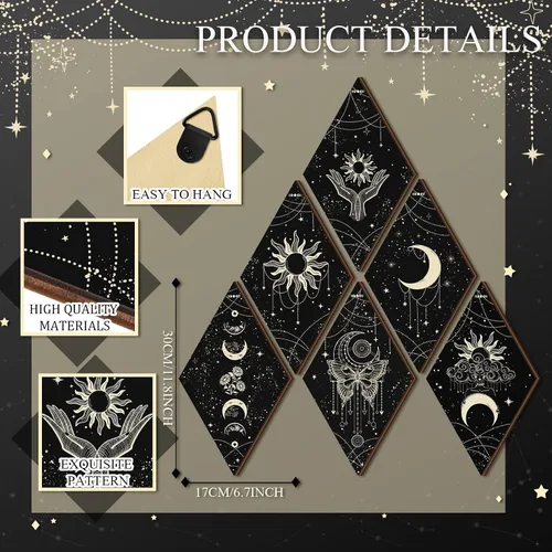 Vista 3 de Qunclay 6 piezas de decoración de pared de fase lunar negro dorado fases solares bruja, mariposa gótica, arte de pared de 11.8 x 6.7 pulgadas