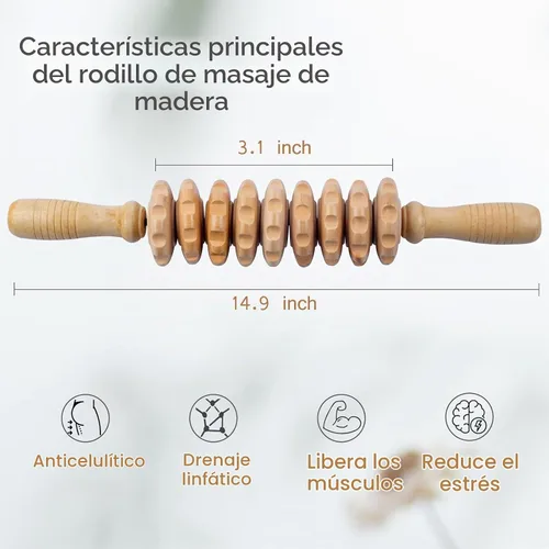 Vista 6 de Rodillo de masaje de madera para dar forma al cuerpo, rodillo de terapia de madera con 9 rodillos giratorios, herramienta de masaje anticelulítica