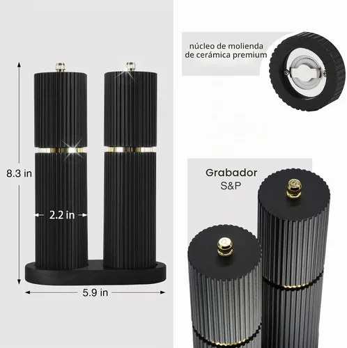 Vista 2 de Juego de molinillo de sal y pimienta de madera con detalles dorados, molinillo de sal y pimienta con grosor ajustable, molinillo de pimienta