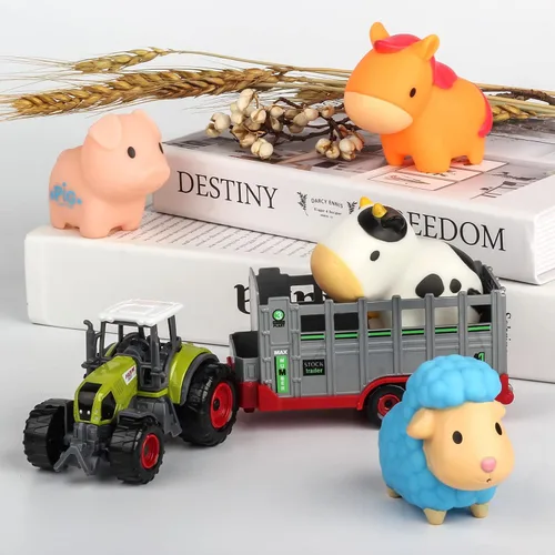 Vista 5 de Oriate Transportador de tractor de granja con animales de granja de dibujos animados y tapete de juego, paquete de 6 juguetes rociadores de baño