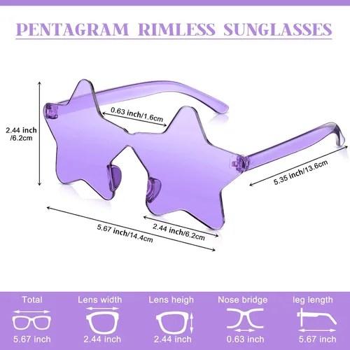 Vista 2 de CHENGU 2 lentes de sol sin montura en forma de estrella transparentes de color caramelo, recuerdos de fiesta para niñas, niños y mujeres (morado)