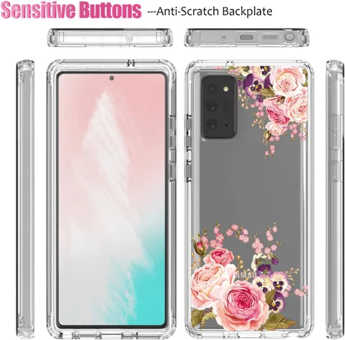 Vista 5 de Funda para Galaxy Note 20 5G, SM-N981U con protector de pantalla de vidrio templado, carcasa de cuerpo completo con diseño floral transparente