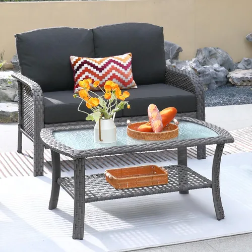Vista 11 de ovios - Juego de muebles de patio de 2 piezas, sofá de mimbre para exteriores con sillas, silla de ratán con respaldo alto con cómodos cojines