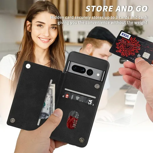 Vista 5 de Funda para Google Pixel 7 Pro con ranura para tarjetero, funda de piel sintética, doble cierre magnético y cubierta duradera de TPU a prueba