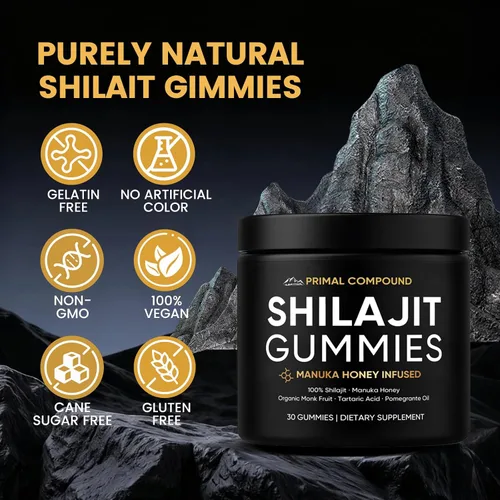 Vista 6 de Gomitas de Shilajit de compuesto primario para hombres, con miel de manuka, fruta de monje orgánica y ácido fúlvico, suplementos de gomitas