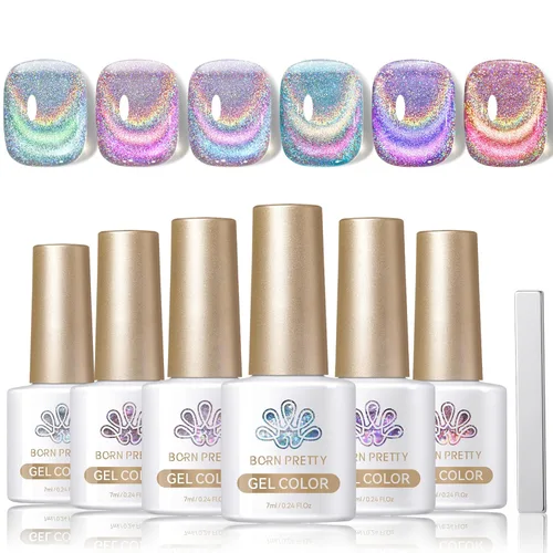 Vista 23 de Born Pretty Esmalte de uñas de gel magnético de ojos de gato verde, 6 colores brillantes con purpurina de cristal holográfico, salvia, oliva