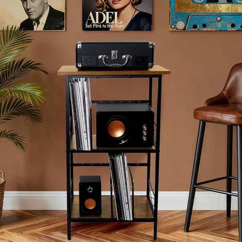 Vista 5 de Soporte para tocadiscos con 4 divisores ajustables, almacenamiento de discos de vinilo con capacidad para 200 LPs, mesa auxiliar de 3 capas, mesa
