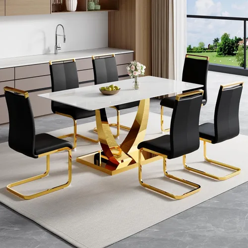 Vista 22 de Juego de mesa de comedor de 63 pulgadas para 4, juego de mesa de comedor dorado moderno para 4, juego de mesa de cocina de mármol sintético
