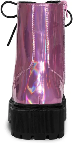 Vista 4 de Allegra K Botines de combate coloridos con plataforma y puntera redonda para mujer