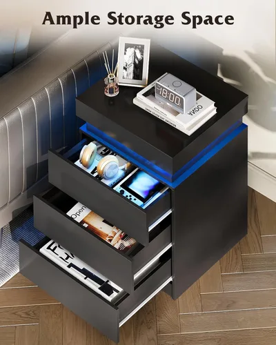 Vista 6 de WLIVE Mesita de noche con estación de carga y luces LED, moderna mesita de noche con 3 cajones y parte superior deslizante, mesa auxiliar con Negro