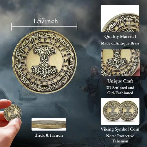 Vista 4 de Moneda Vikingo nórdico Mjolnir Moneda Martillo de Thor Mitología nórdica Talismán