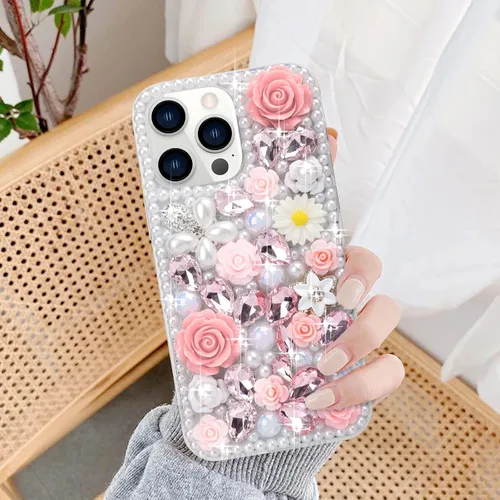 Vista 2 de Compatible con iPhone 15 Pro Max Bling Case con correa, de lujo con diamantes de imitación de diamantes de imitación brillantes, pulseras florales