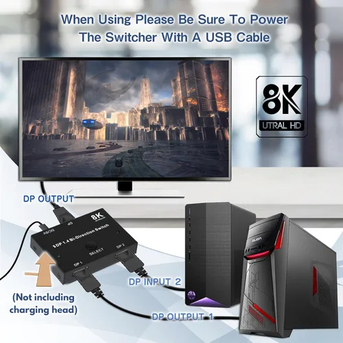 Vista 4 de 8K DisplayPort Switch Splitter DP 1.4 Bidireccional Switcher Soporte 8K @30Hz 4K @120Hz 2 en 1 Salida o 1 en 2 Salida Compatible