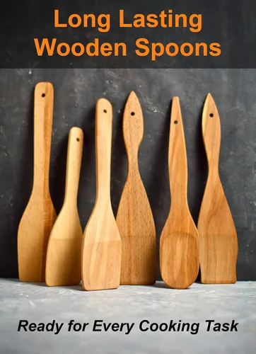 Vista 3 de ECOSALL 6 cucharas de madera para cocinar, hechas en Ucrania, cucharas de espátula de madera antiadherentes 100% naturales y saludables, juego