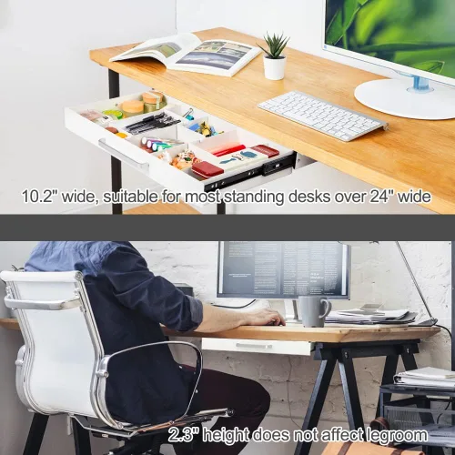 Vista 5 de Cajón de lápices deslizable de gran tamaño para debajo del escritorio, color blanco, con diseño de divisor de espacio ajustable para almacenar