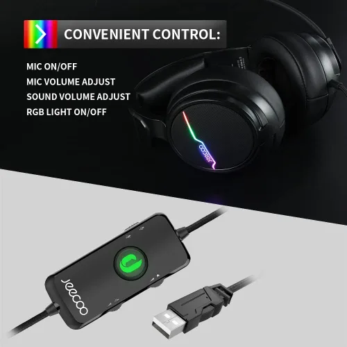 Vista 3 de Jeecoo Auriculares USB Pro Gaming para PC 71 de sonido envolvente con micrófono con cancelación de ruido almohadillas de espuma de memoria luces