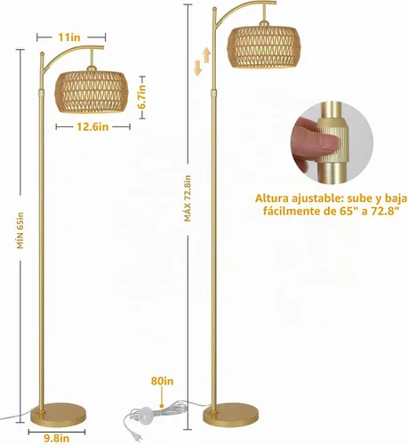 Vista 5 de eyassi Lámpara de pie de arco con 3 temperaturas de color, lámpara de pie LED dorada con control remoto y bombilla regulable continua, lámpara