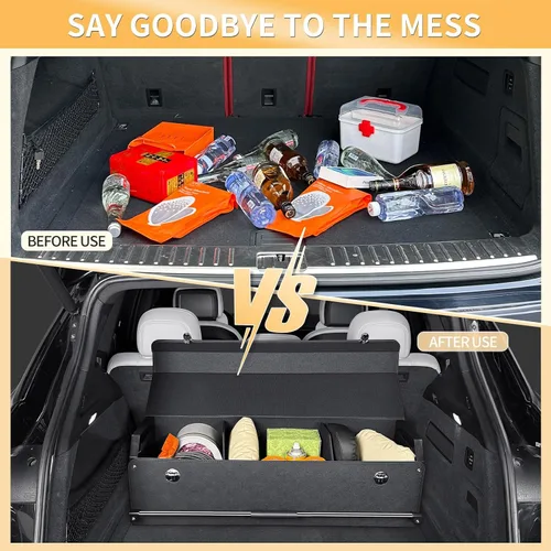 Vista 6 de Organizador de maletero para SUV, organizador plegable de cuero para maletero de automóvil con tapa, almacenamiento de automóvil para sedanes, Negro
