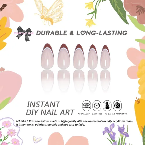 Vista 2 de MABKJFL - Uñas postizas a presión de otoño medianas con punta francesa, color marrón, cobertura completa, con pegamento para uñas, uñas acrílicas