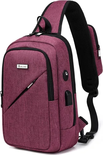 Vista 26 de DUSLANG Mochila de hombro para senderismo, bolsa cruzada para hombres, bolsas de pecho con puerto de cargador USB para campamento casual, ciclismo