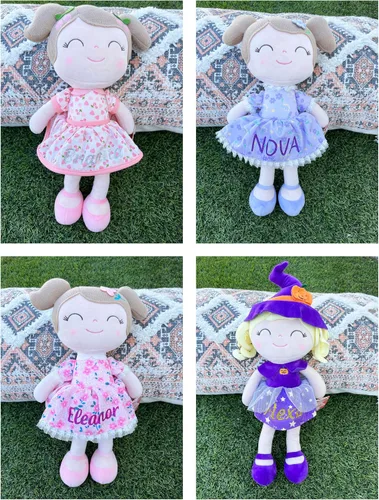 Vista 4 de Gloveleya Muñeca rizada personalizada con tu nombre – Bonita muñeca de felpa suave rosa personalizada para niñas, regalo personalizado