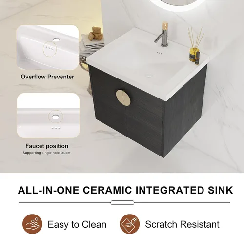Vista 5 de LKTART Vanidad flotante de baño de 24 pulgadas con puertas de cierre suave y fregadero de cerámica para baño pequeño, color negro