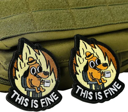 Vista 7 de XMJY Parche de Perro This is Fine, 1 Pieza Parches Bordados con Meme Divertido, Parche Táctico Militar de Ánimo con Respaldo de Cierre de Gancho