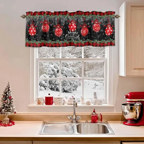 Vista 31 de Cenefa de cortina con lazo rojo de Navidad para ventanas, sala de estar, cocina, baño, granja, bolas de Navidad de acuarela con diseño de bayas