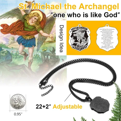 Vista 2 de ChainsPro Collar de San Miguel para hombre con oración completa, medallón de arcángel de protección, cadena de 55+2.0 in ajustable, acero inoxidable