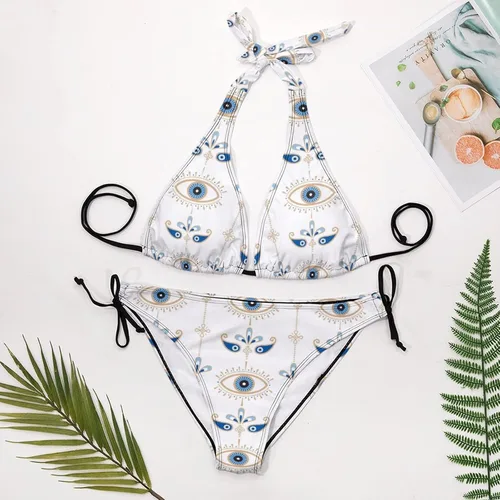 Vista 7 de Traje de baño de dos piezas para mujer, traje de baño sexy de ojo malvado, traje de baño de triángulo de cuerda