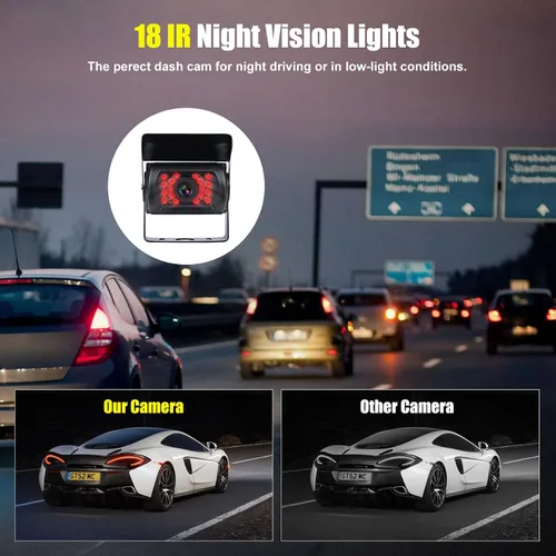 Vista 2 de Camecho Cámara de respaldo para camión, resistente, 18 LED IR visión nocturna, impermeable, cámara de visión trasera para vehículo, cámara