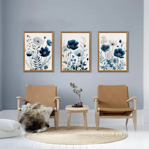 Vista 3 de DUWQU 3 piezas de arte de pared en lienzo floral azul marino, marco de madera azul marino, flores silvestres lirio, margaritas, decoración de pared