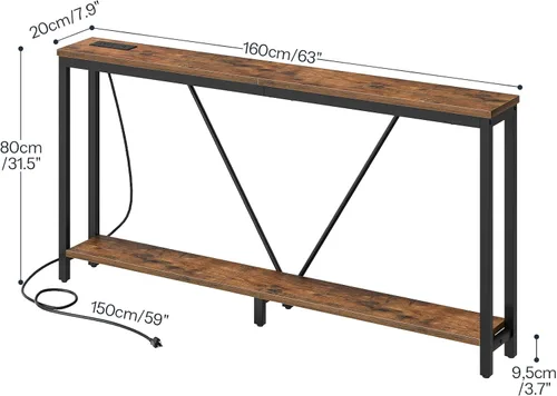 Vista 3 de HOOBRO Mesa consola de 63 pulgadas con estación de carga, mesa de sofá extra larga de 2 niveles con soporte en V, para espacio estrecho, mesa