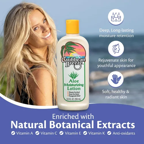 Vista 2 de Caribbean Breeze Loción hidratante de aloe, loción de aloe vera para el cuerpo, loción de aloe enriquecida con vitaminas con té verde y granada, 8.5