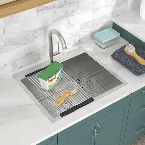 Vista 9 de Fregadero de cocina rectangular hecho a mano de 30 x 22 pulgadas, calibre 16, de calibre 16, para montaje superior, rectangular, hecho a mano