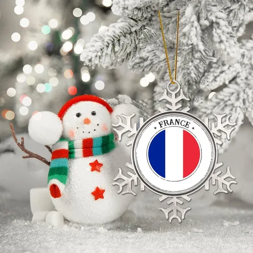 Vista 6 de Adorno de copo de nieve de metal navideño Bandera de Francia colgante de copo de nieve de peltre personalizado recuerdo decorativo para Navidad Año