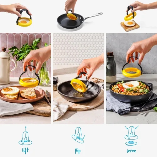 Vista 3 de Dreamfarm Flegg Anillos de Silicona Flexibles 3 en 1 para Huevos, Volteadores y Servidores Seguros en Antiadherente - Paquete de 2, Amarillo/Negro