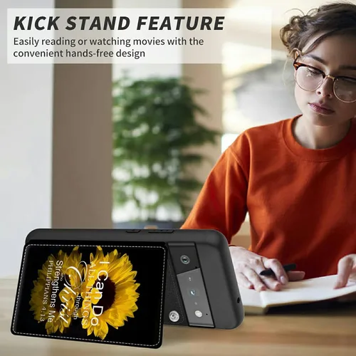 Vista 6 de Funda para Google Pixel 6 Pro con ranura para tarjetero, funda de piel sintética, doble cierre magnético y cubierta duradera de poliuretano girasol